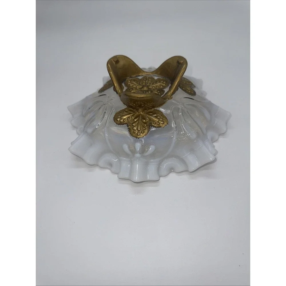 Northwood Dugan Glass Opalescent Crimped‎ Ruffle Footed & Goofus Gold Glass Bowl